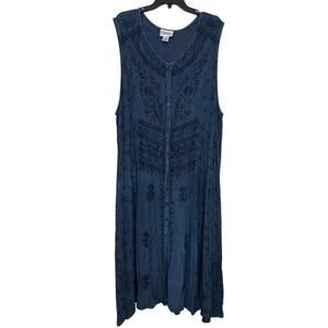 Vintage Expressions Blue Embroidered Rayon Maxi Dress Duster 3X Boho Festival